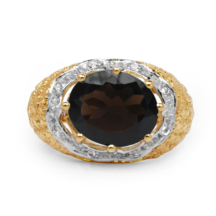 14K Yellow Gold Plated 4.73 Carat Genuine Smoky Quartz &amp; White Topaz .925 Sterling Silver Ring