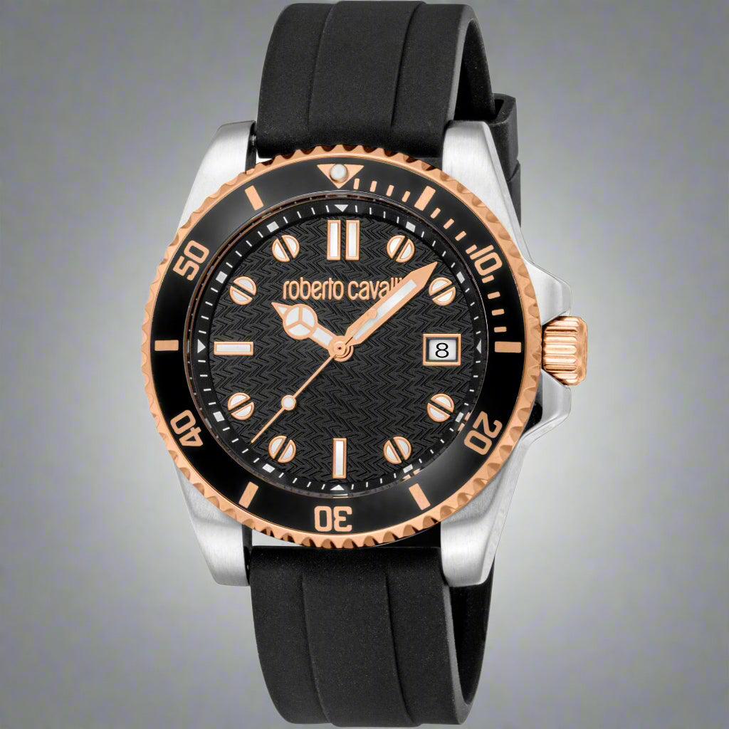 Roberto Cavalli mens blk, siler, gold bezel analog Watches
