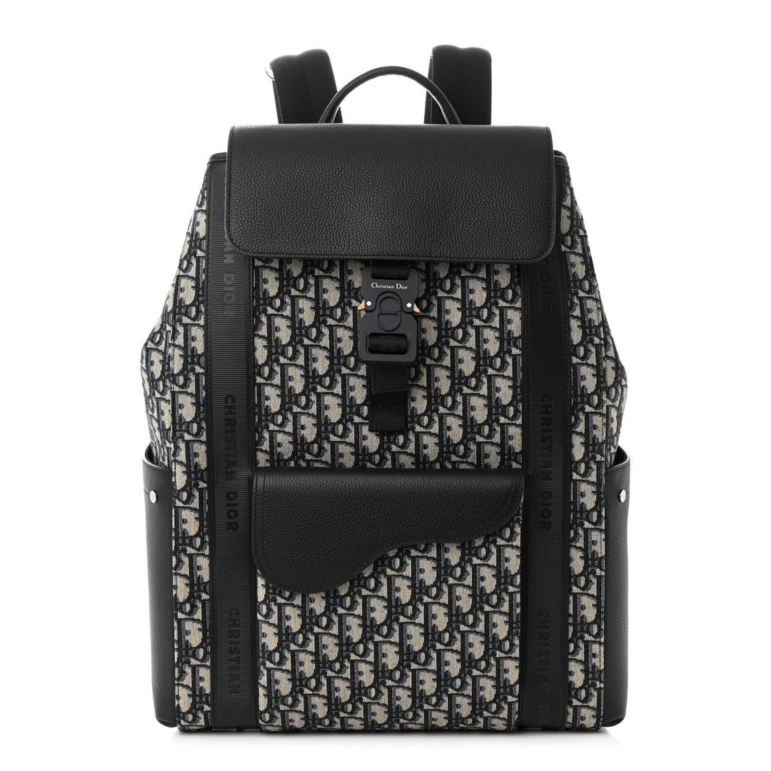 Christian Dior Oblique Jacquard Grained Calfskin Saddle Backpack With Flap