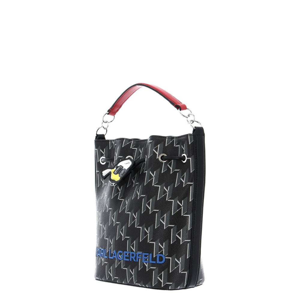 A black leather handbag with a polyurethane exterior featuring a geometric pattern, a handle, and a detachable red shoulder strap. The brand logo 'Karl Lagerfeld' is visible on the front.