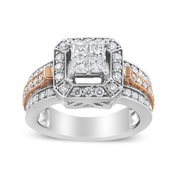 14K White and Rose Gold 1 1/8 Cttw Princess and Round-Cut Diamond Art Deco Style Triple Shank Halo Cocktail Ring (I-J Color, SI2-I1 Clarity) - Size 7