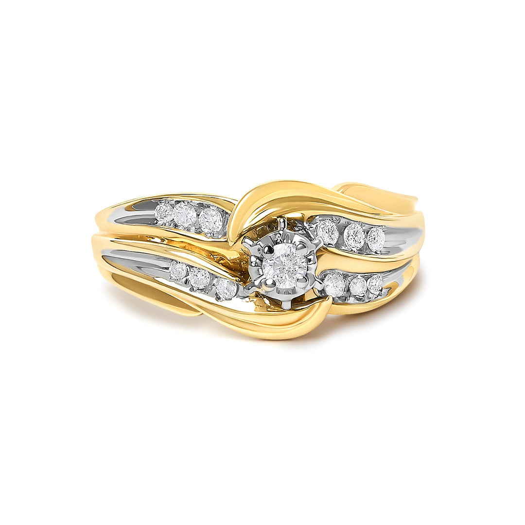 14K Yellow Gold 1/4 Cttw Round Diamond Wave Motif Bypass Ring