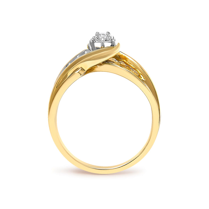 14K Yellow Gold 1/4 Cttw Round Diamond Wave Motif Bypass Ring