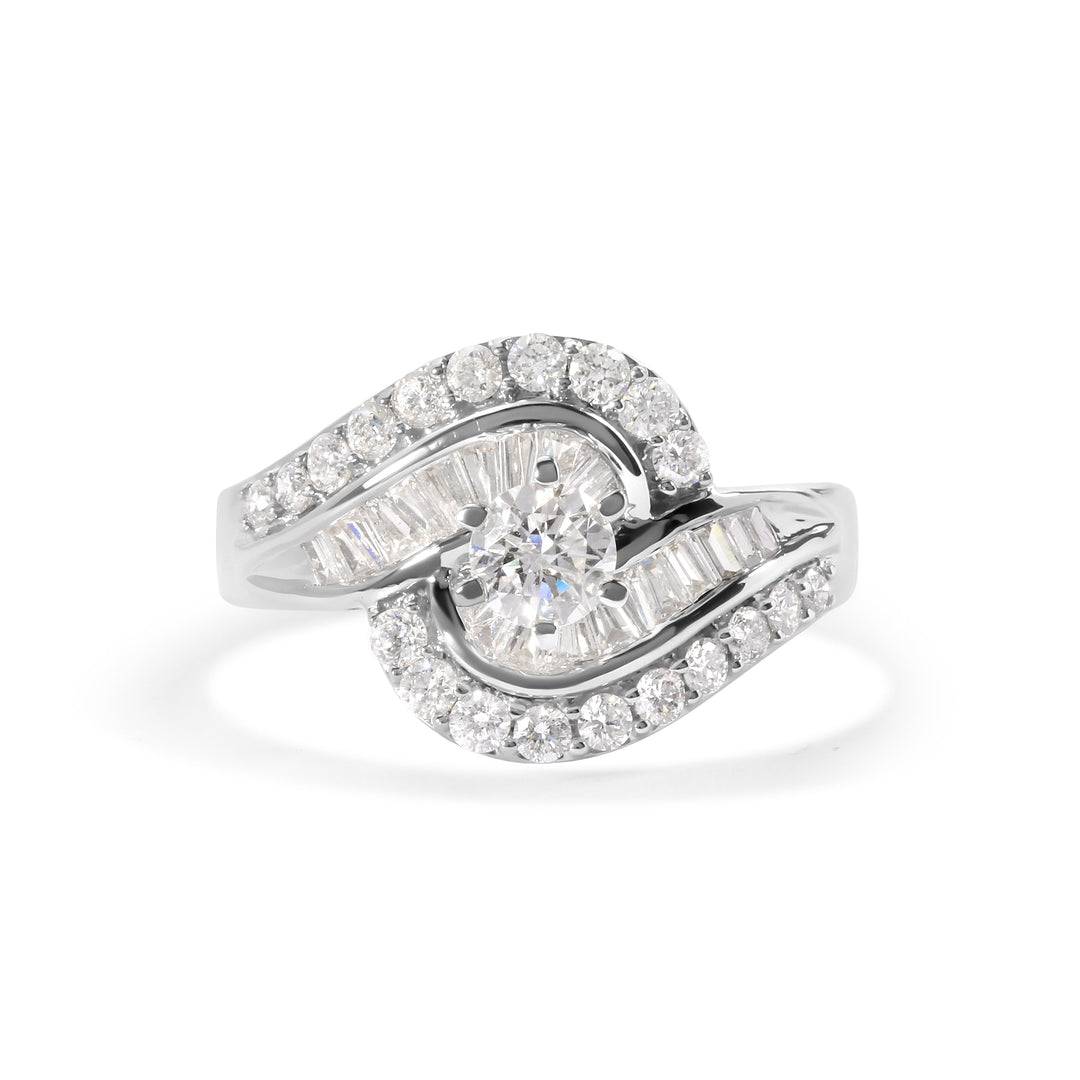 14K White Gold 1.00 Cttw Round and Baguette cut Diamond Swirl Cocktail Ring (H-I Color, SI2-I1 Clarity) - Ring Size 7