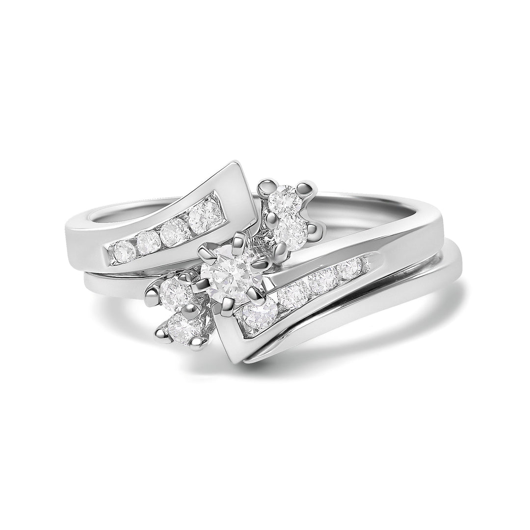 14K White Gold 3/8 Cttw Diamond Swirl Engagement Bridal Ring Set