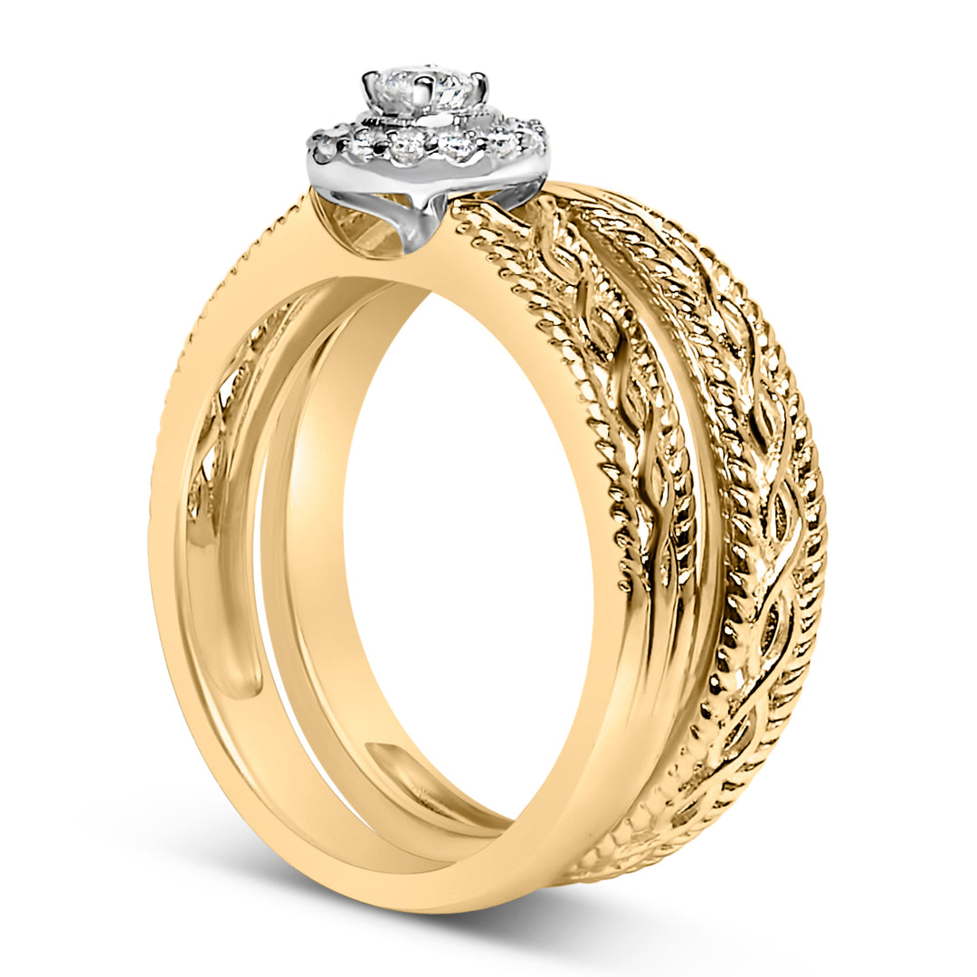 14K Yellow Gold Plated .925 Sterling Silver 1/5 Cttw Diamond Halo Engagement Ring and Wedding Band Set (I-J Color, I3 Clarity) - Size 7