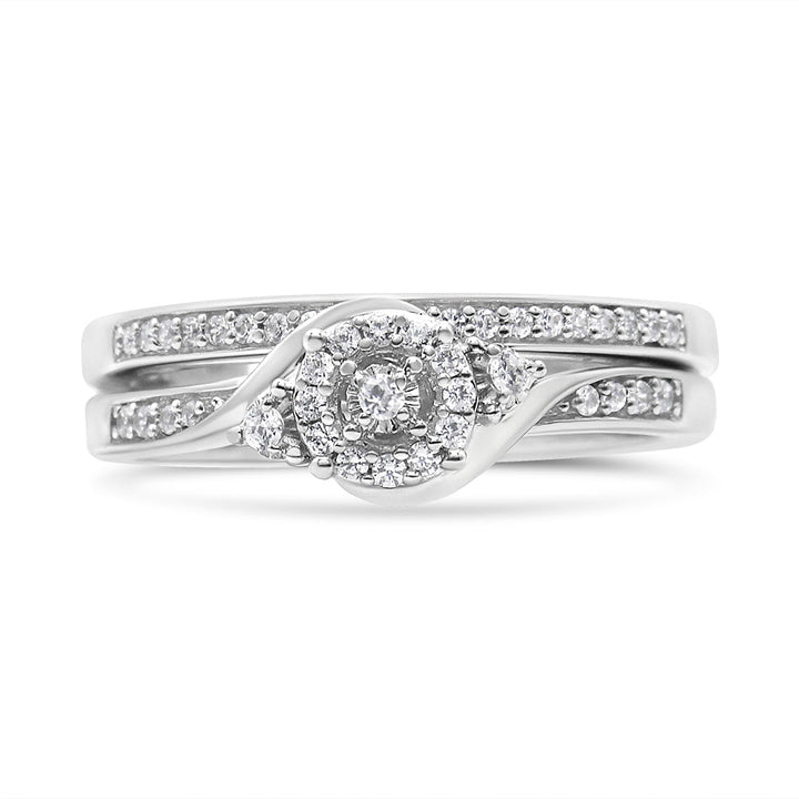 .925 Sterling Silver 1/4 Cttw Diamond Halo and Swirl Engagement Ring and Wedding Band Set (I-J Color, I3 Clarity)- Ring Size 7