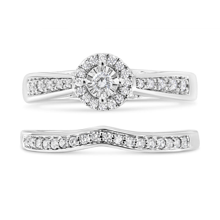 .925 Sterling Silver 1/3 Cttw Diamond Halo and Pave Shank Engagement Ring Set (I-J Color, I3 Clarity) - Ring Size 7