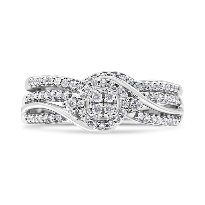 .925 Sterling Silver 1/3 Cttw Composite Diamond Frame Bypass Bridal Set Ring and Band (I-J Color, I2-I3 Clarity) - Ring Size 7