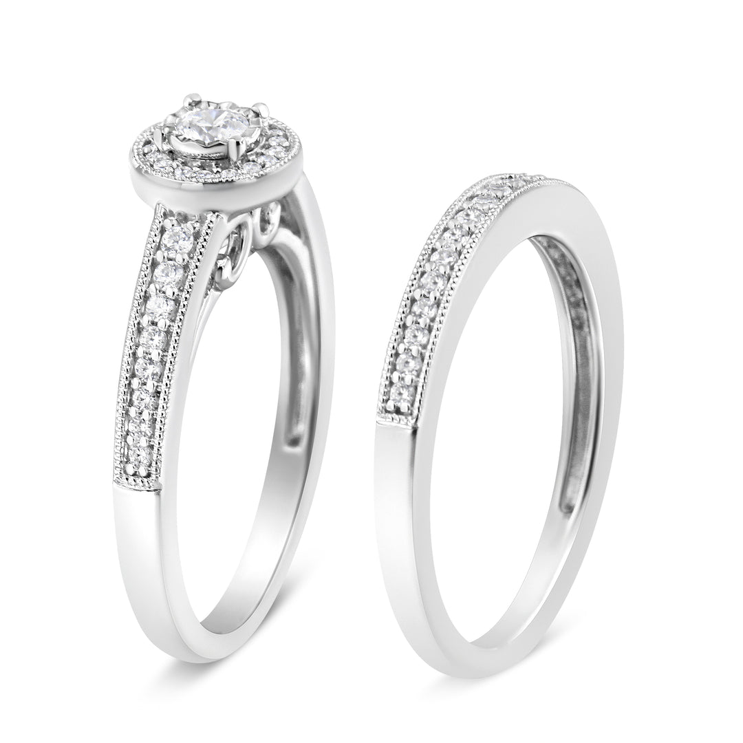 .925 Sterling Silver 1/2 Ctw Diamond Halo and Milgrain Engagement Ring Bridal Set (I-J Color, I3 Clarity) - Ring Size 7