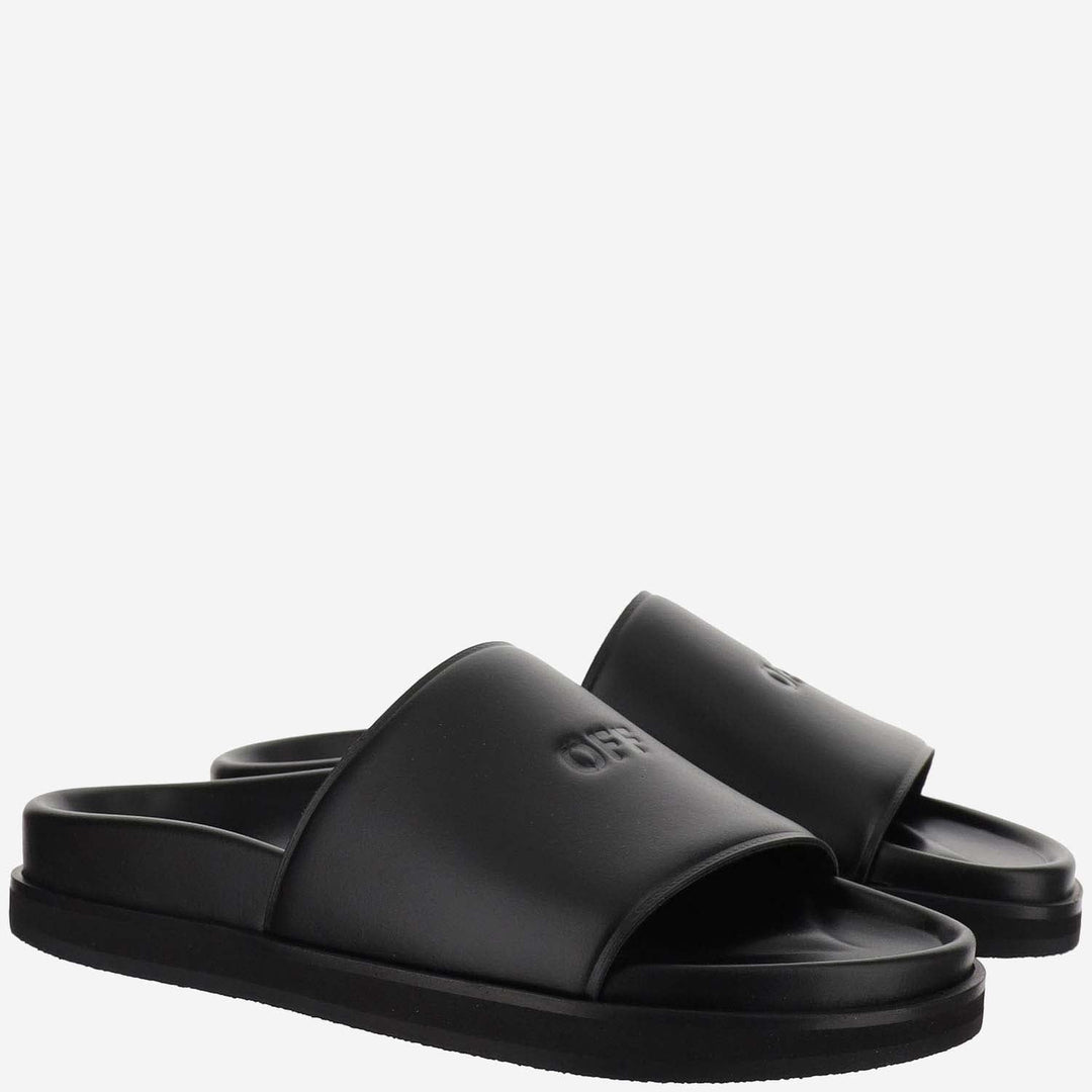 Off White Leather Slippers With Logo