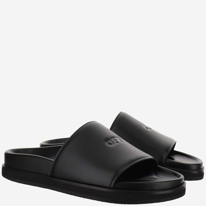 Off White Leather Slippers With Logo