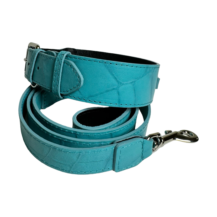The Tiffany Collection. Gorgeous Turquoise Blue Embossed Croc Italian Leather Collar &amp; Leash Set, With Our Classic Silver Hardware.