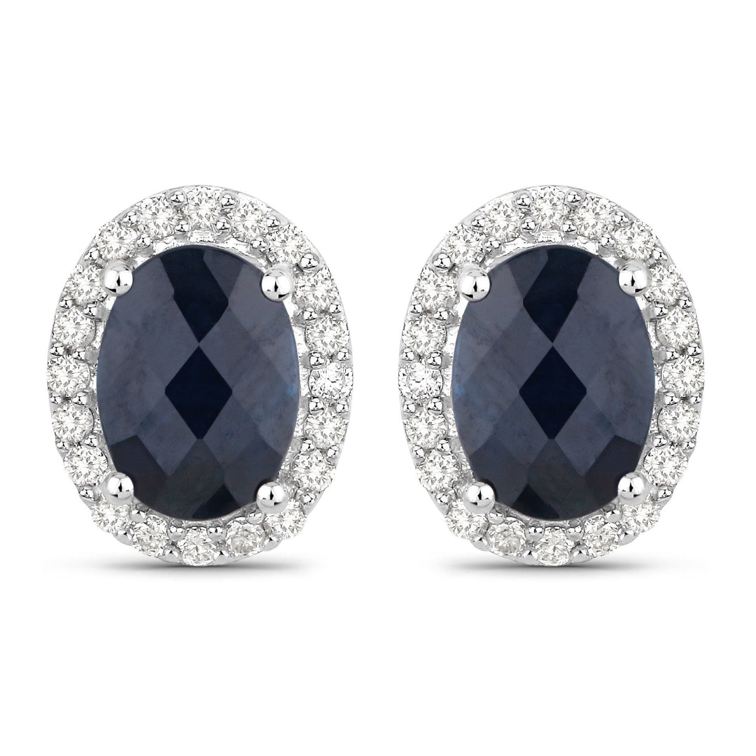 2.16 Carat Genuine Blue Sapphire and White Diamond 14K White Gold Earrings