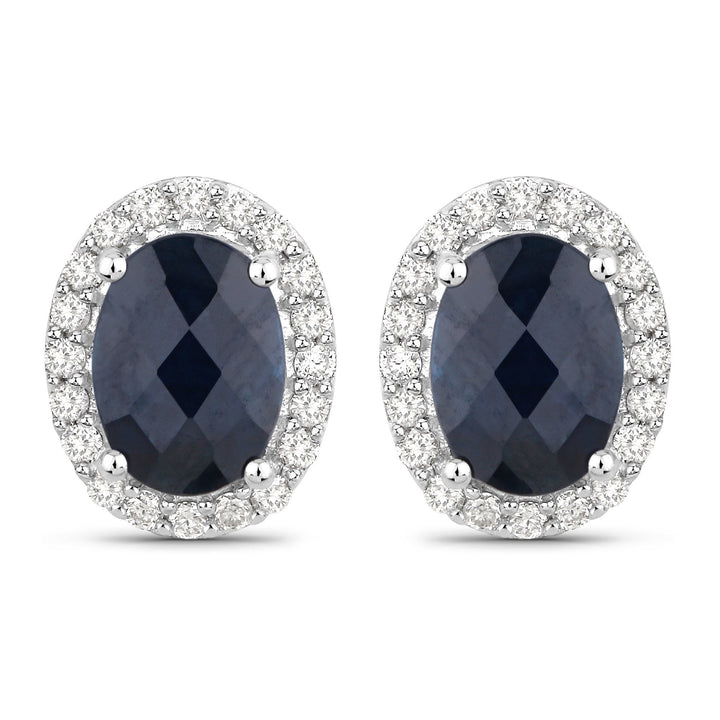 2.16 Carat Genuine Blue Sapphire and White Diamond 14K White Gold Earrings