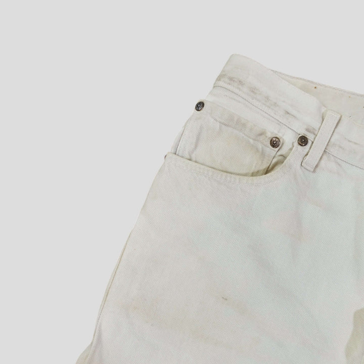 Chrome Hearts Leopard Cross Patch Jeans in White showing pocket details and vintage wear