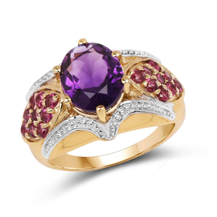 14K Yellow Gold Plated 3.01 Carat Genuine Amethyst &amp; Rhodolite .925 Sterling Silver Ring