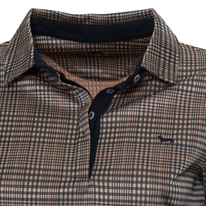 Close-up of a checkered shirt with a collar and brand logo on a white background