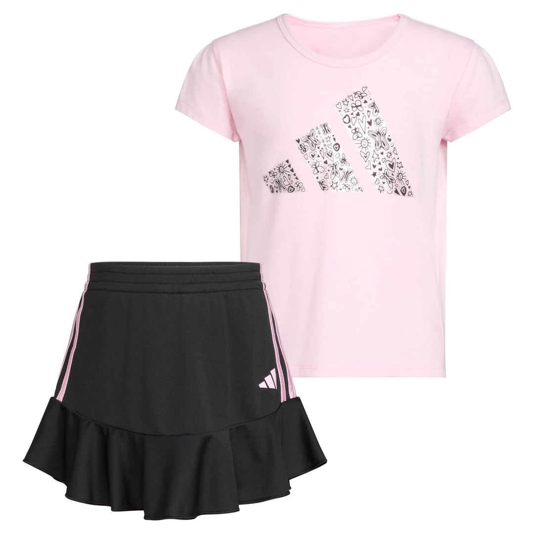 adidas Girls 2 Piece Ruffle Skort &amp; T-Shirt Skirt Set Light Pink &amp; Black