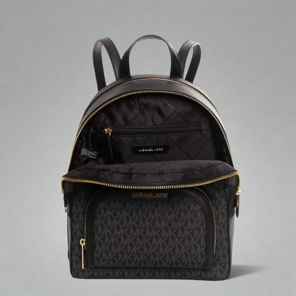 Black backpack with gold zippers and logo on a white background