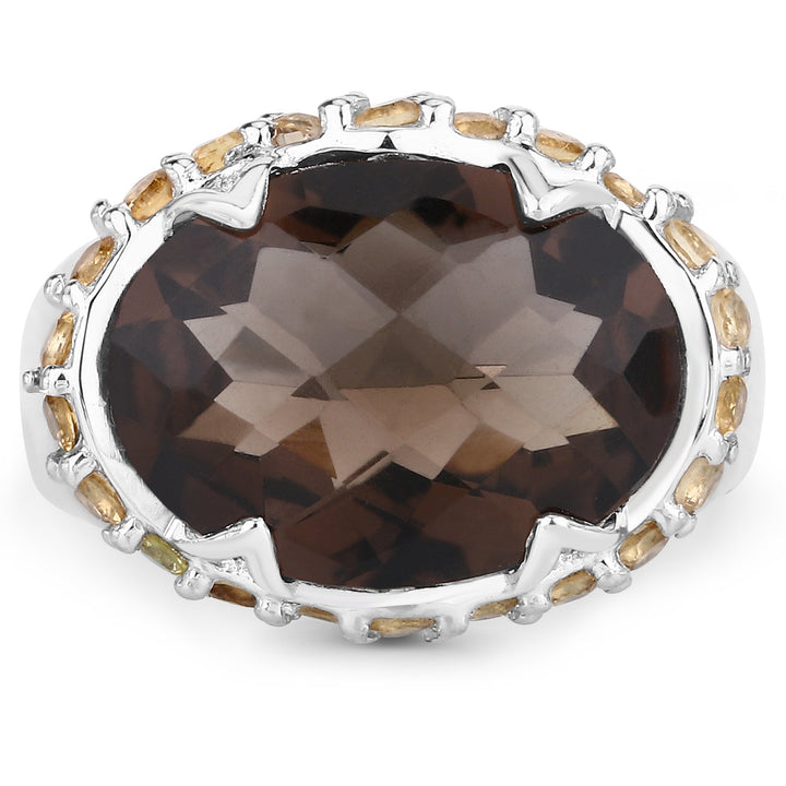 Two Tone Plated 9.58 Carat Genuine Smoky Quartz &amp; Citrine .925 Sterling Silver Ring