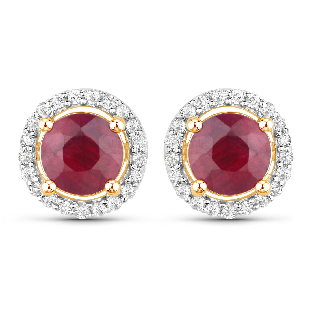 1.22 Carat Genuine Ruby and White Diamond 14K Yellow Gold Earrings