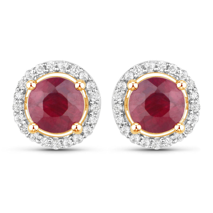 1.22 Carat Genuine Ruby and White Diamond 14K Yellow Gold Earrings