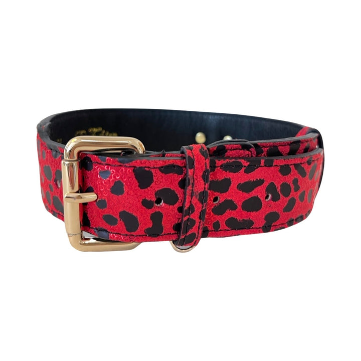 Red &amp; Black Leopard Print Italian Leather Classic Collar