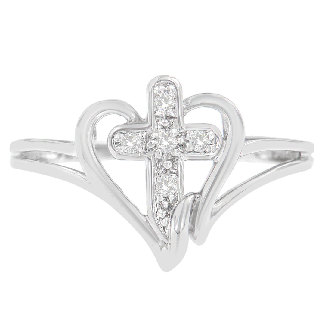 10K White Gold Diamond-Accented Cross & Open Heart Promise Fashion Ring (H-I Color, I1-I2 Clarity) - Size 7