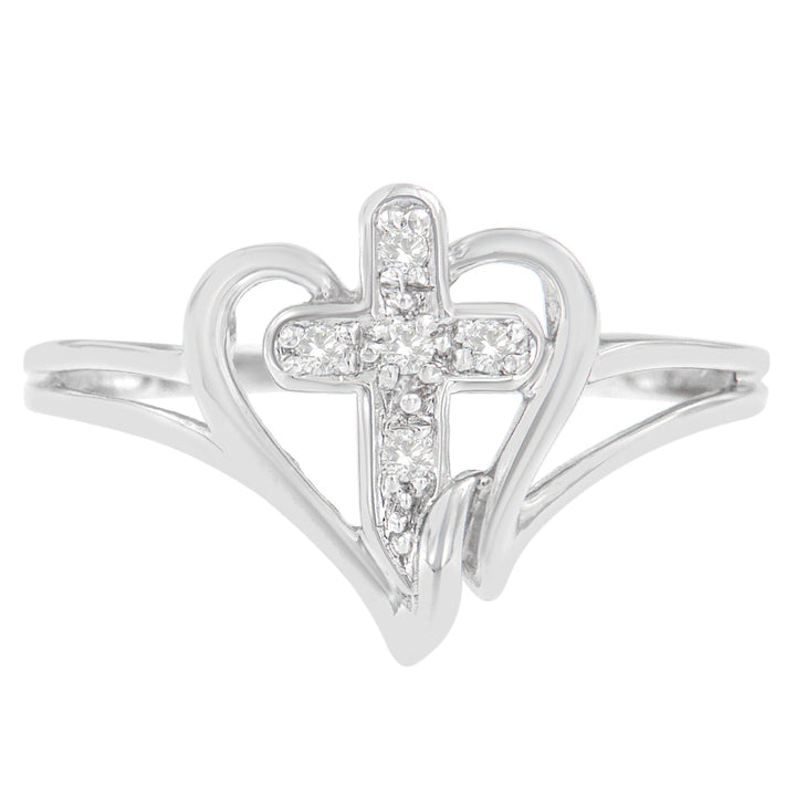 10K White Gold Diamond-Accented Cross & Open Heart Promise Fashion Ring (H-I Color, I1-I2 Clarity) - Size 7