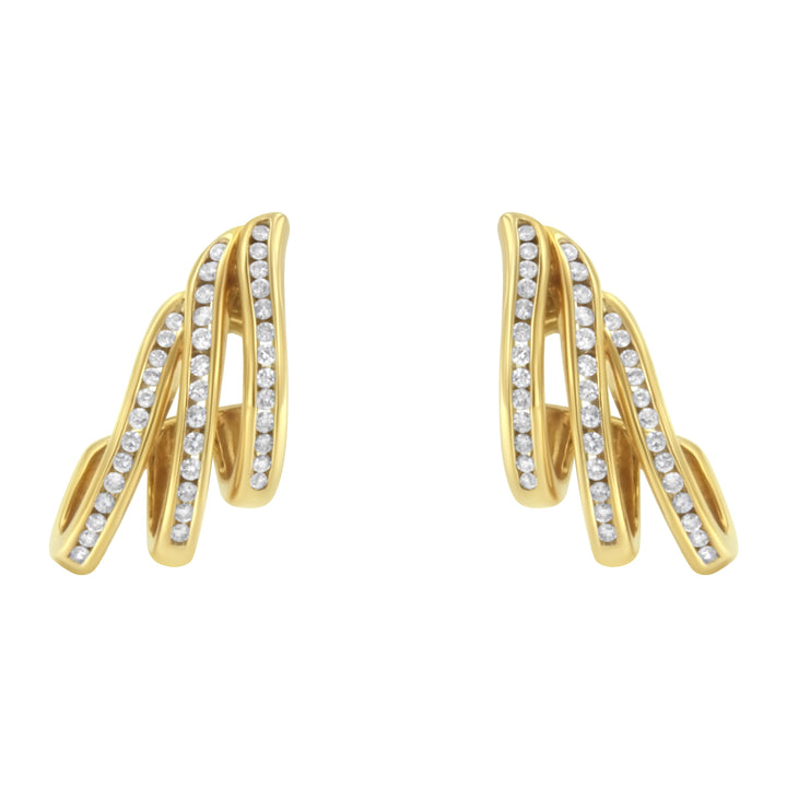 10K Yellow Gold 1.0 Cttw Round Brilliant Cut Diamond Spiral Multi Row Channel Set Open Hoop Pushback Stud Earrings (H-I Color, I1-I2 Clarity)