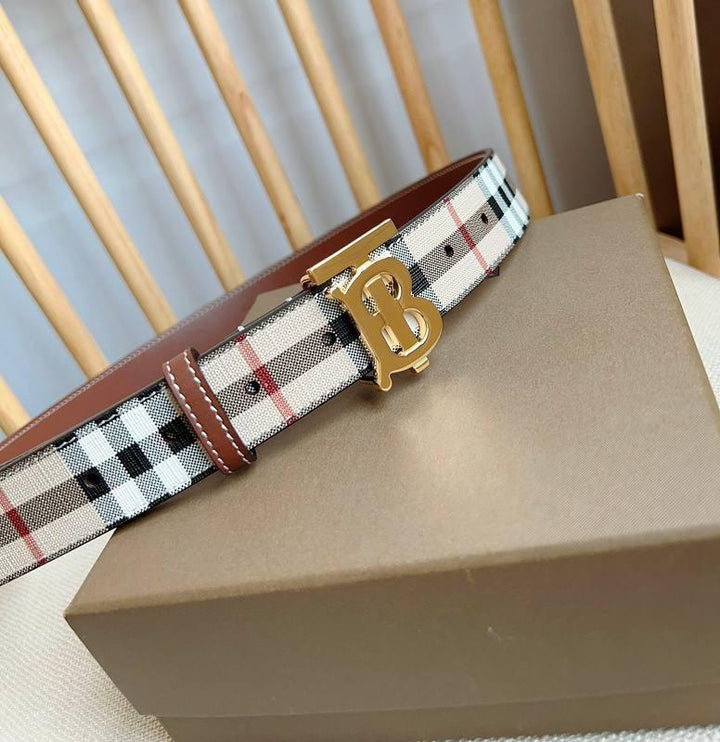 Burberry TB Belt E-Canvas &amp; Leather Vintage Check Monogram Buckle - Timeless Luxury