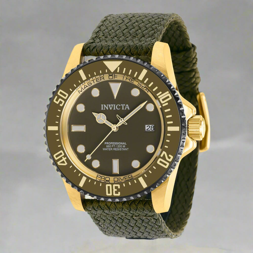 INVICTA Pro Diver men's watch with stainless steel band INVICTA black graphic t-shirt with logo front Gold-tone INVICTA chronograph wristwatch close-up INVICTA men's button-down shirt with embroidered detail INVICTA oversized sport watch and branded appar