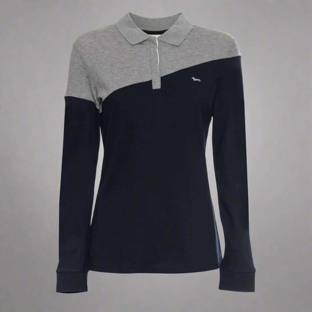 Long-sleeve polo shirt with gray collar and navy body on a white background