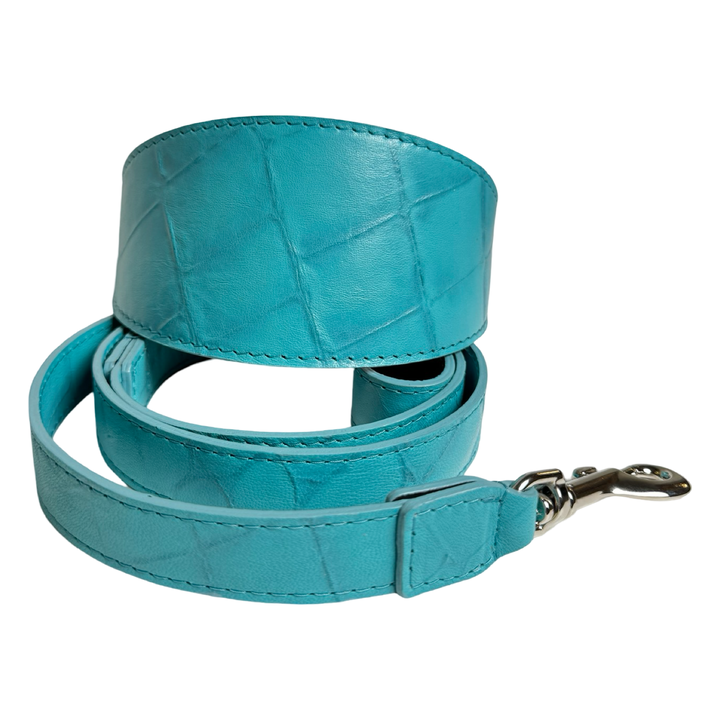 The Tiffany Collection. Gorgeous Turquoise Blue Embossed Croc Italian Leather 3” Wide Style Collar, With Silver Hardware