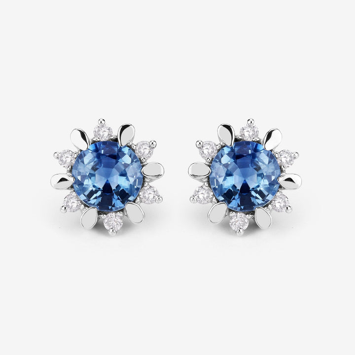 1.87 Carat Genuine Blue Sapphire and White Diamond 14K White Gold Earrings