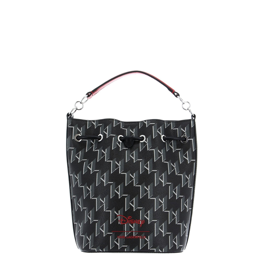 A black leather handbag with a polyurethane exterior featuring a geometric pattern, a handle, and a detachable red shoulder strap. The brand logo 'Karl Lagerfeld' is visible on the front.