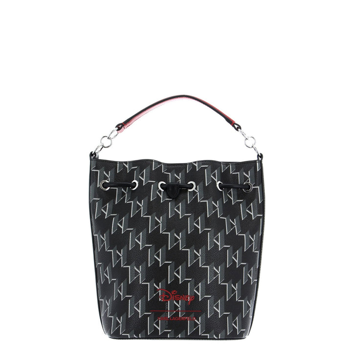 A black leather handbag with a polyurethane exterior featuring a geometric pattern, a handle, and a detachable red shoulder strap. The brand logo 'Karl Lagerfeld' is visible on the front.