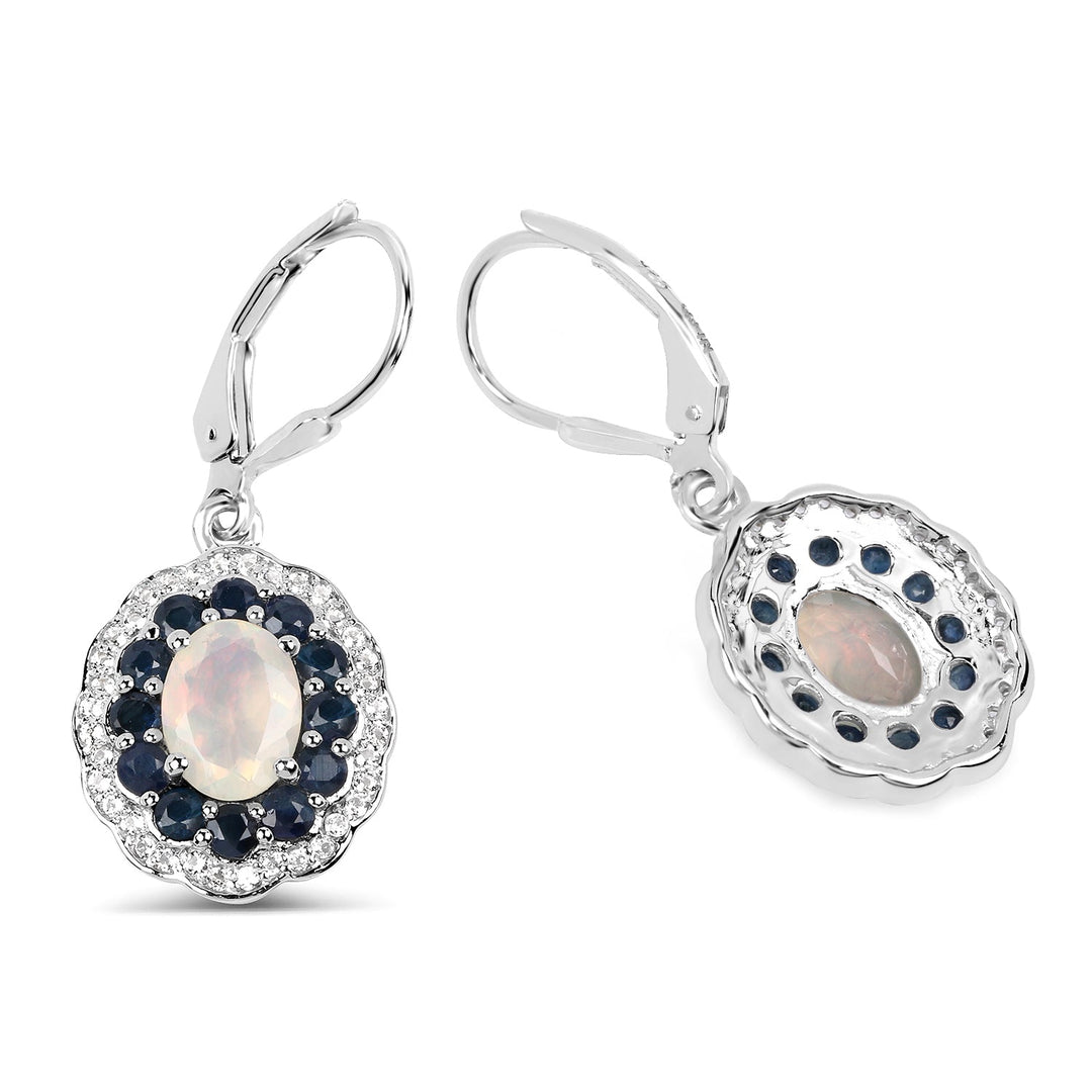 2.80 Carat Genuine Ethiopian Opal, Blue Sapphire and White Topaz .925 Sterling Silver Earrings