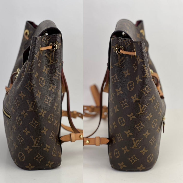 LOUIS VUITTON Montsouris NM Monogram Backpack side view showcasing luxury bags design and features.