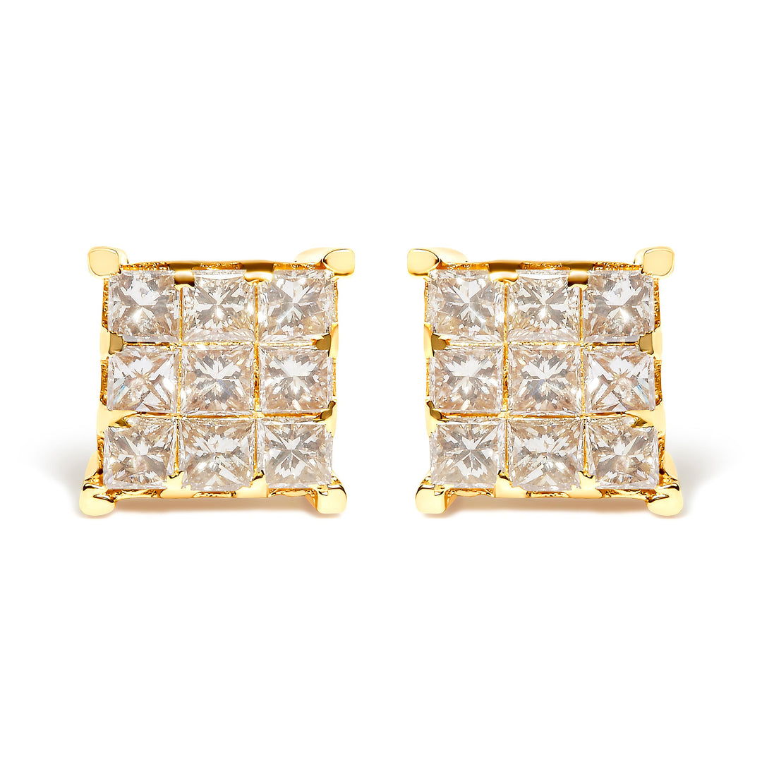 14K Yellow Gold 1 1/2 Cttw Invisible Set Princess-Cut Diamond 9 Stone Square Stud Earrings (J-K Color, SI2-I1 Clarity)