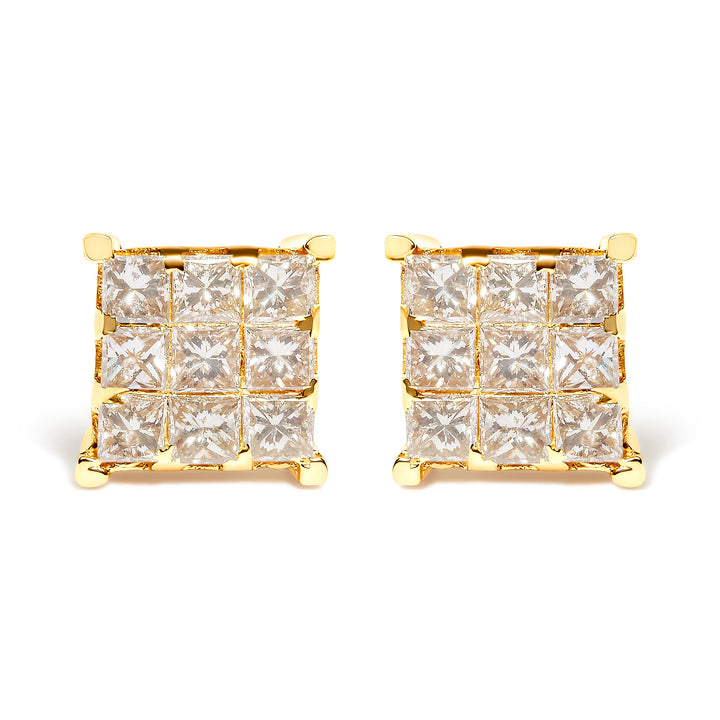 14K Yellow Gold 1 1/2 Cttw Invisible Set Princess-Cut Diamond 9 Stone Square Stud Earrings (J-K Color, SI2-I1 Clarity)