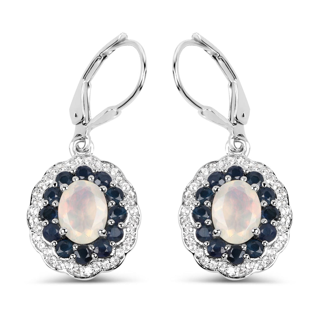 2.80 Carat Genuine Ethiopian Opal, Blue Sapphire and White Topaz .925 Sterling Silver Earrings