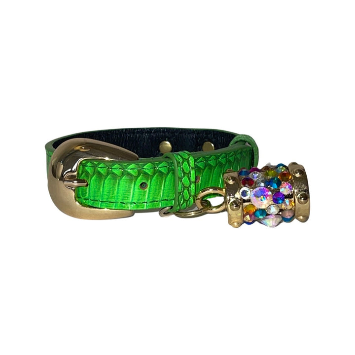 XS/S 7”-14” Neon Green Custom Snake Collar/Custom Gold Oval Italian Hardware &amp; Swarovski Crystal Charm