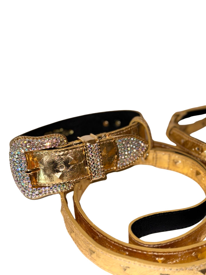 Glam Gold Embossed Studded Italian Leather Collar, Leash &amp; Harness Set With Our Custom Swarovski Crystal Buckle