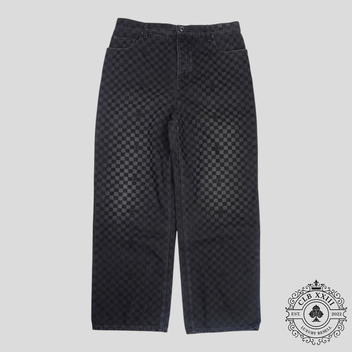 Louis Vuitton Damier Ultrablack Flocked Wide Leg Denim Pants in Black