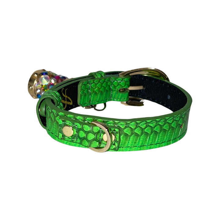 XS/S 7”-14” Neon Green Custom Snake Collar/Custom Gold Oval Italian Hardware &amp; Swarovski Crystal Charm