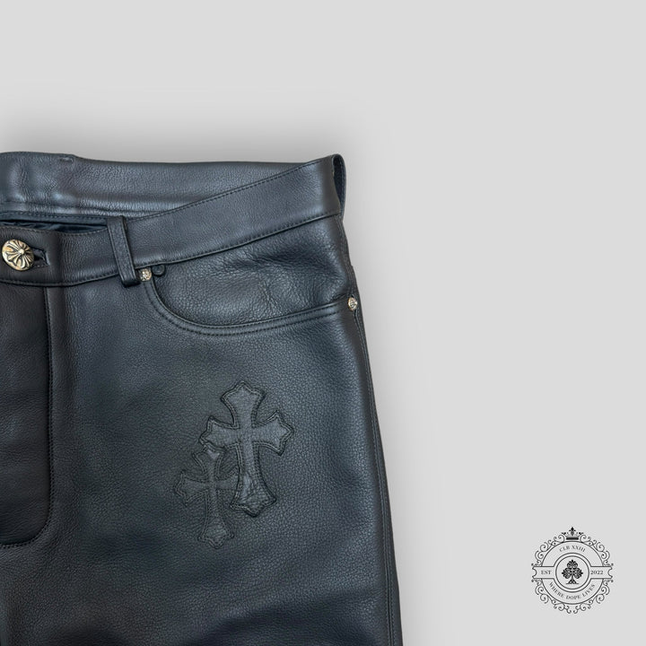 Chrome Hearts Fleur Knee Cross Patch Leather Pants
