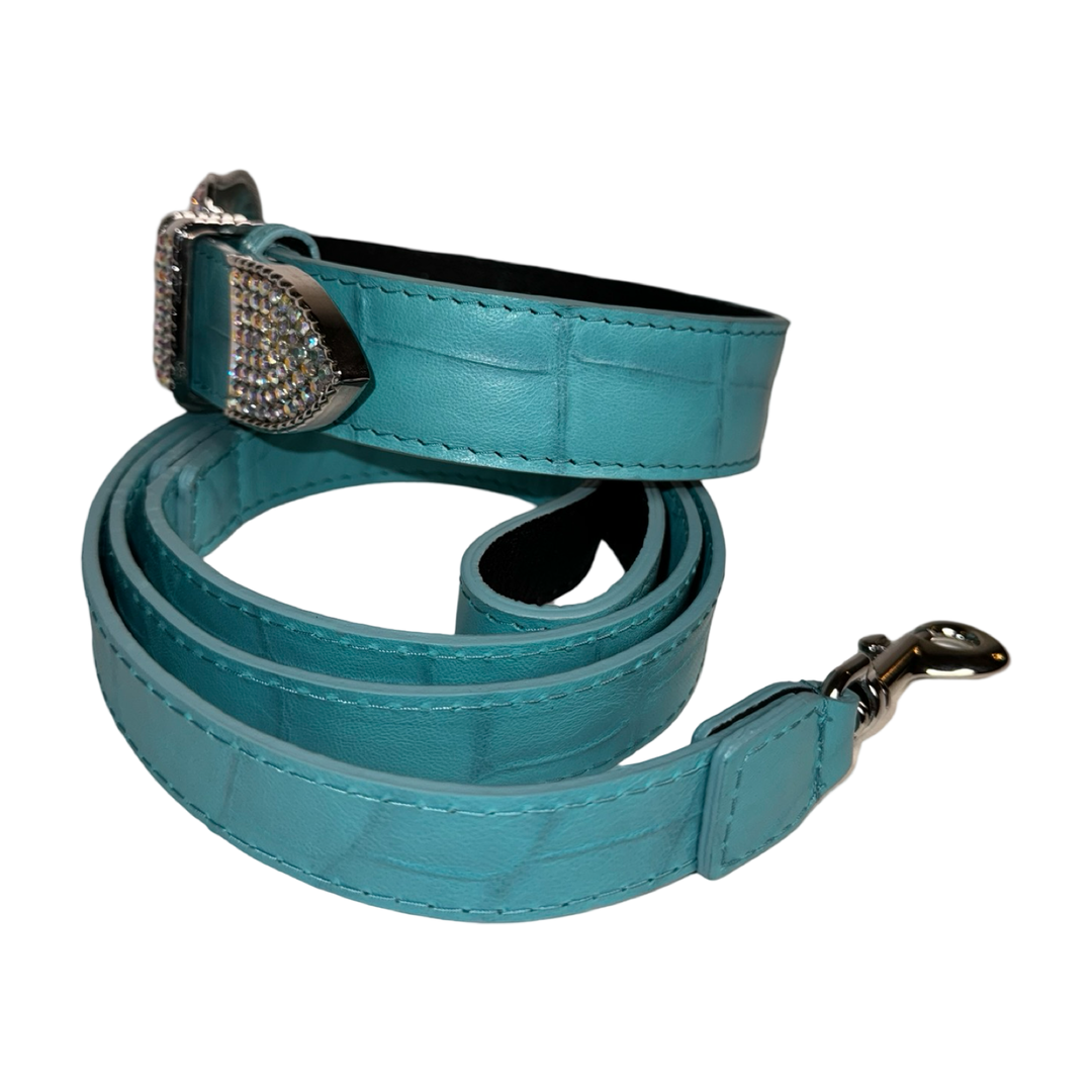 The Tiffany Collection. Gorgeous Turquoise Blue Embossed Croc Italian Leather Collar &amp; Leash Set, With Our Custom Swarovski Crystal Hardware