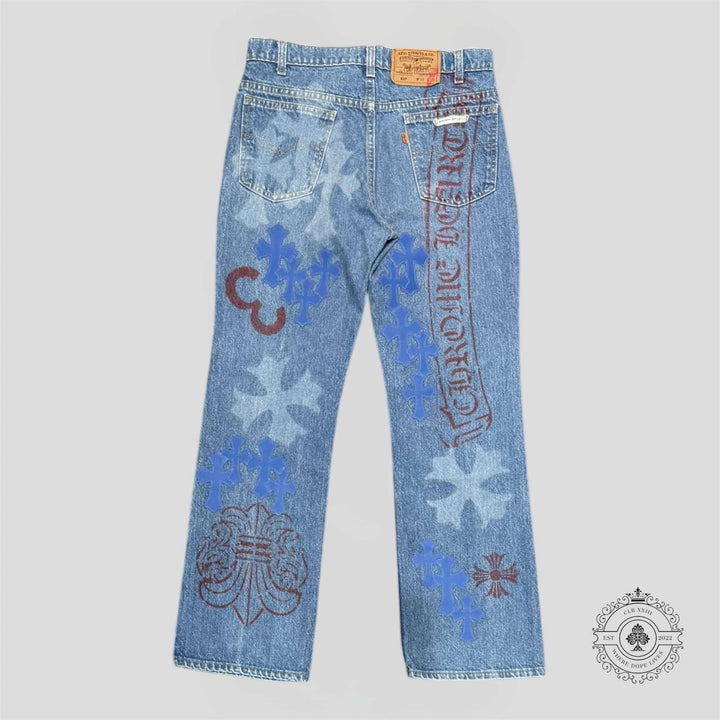 Chrome Hearts Stencil Jeans showcasing a flawless blue design with authentic cross patch from Chrome Heart luxury jeans.